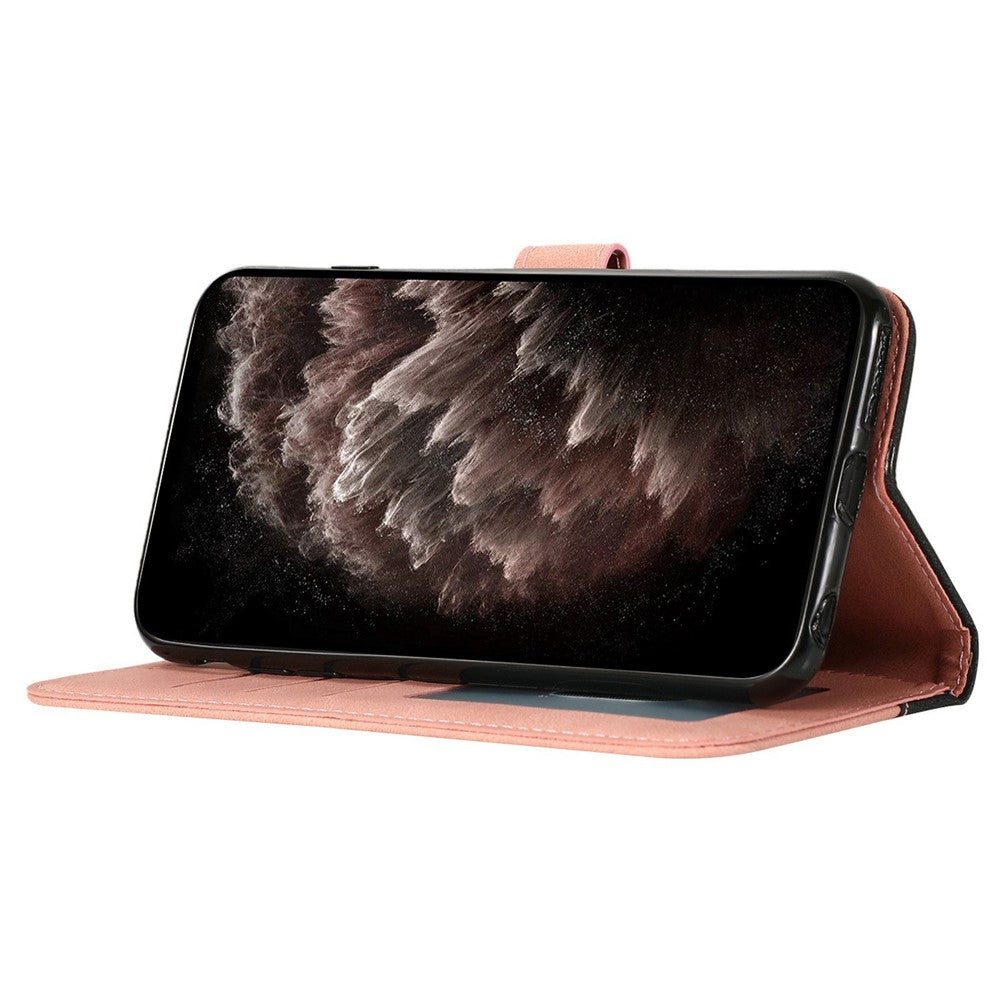 For iPhone 17 Pro Max Case Color Splicing Wallet Stand Leather Phone Cover with Wrist Strap - Black / Rose Gold