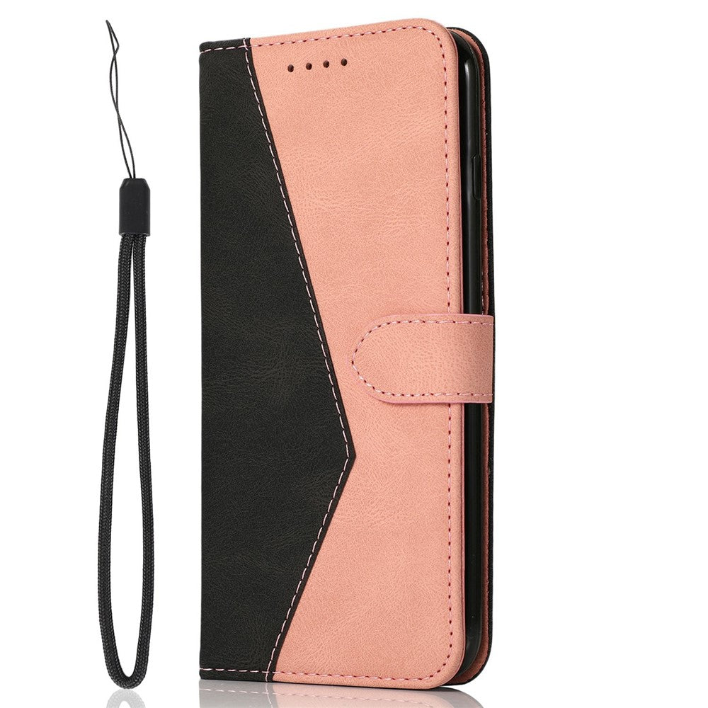 For iPhone 17 Pro Max Case Color Splicing Wallet Stand Leather Phone Cover with Wrist Strap - Black / Rose Gold