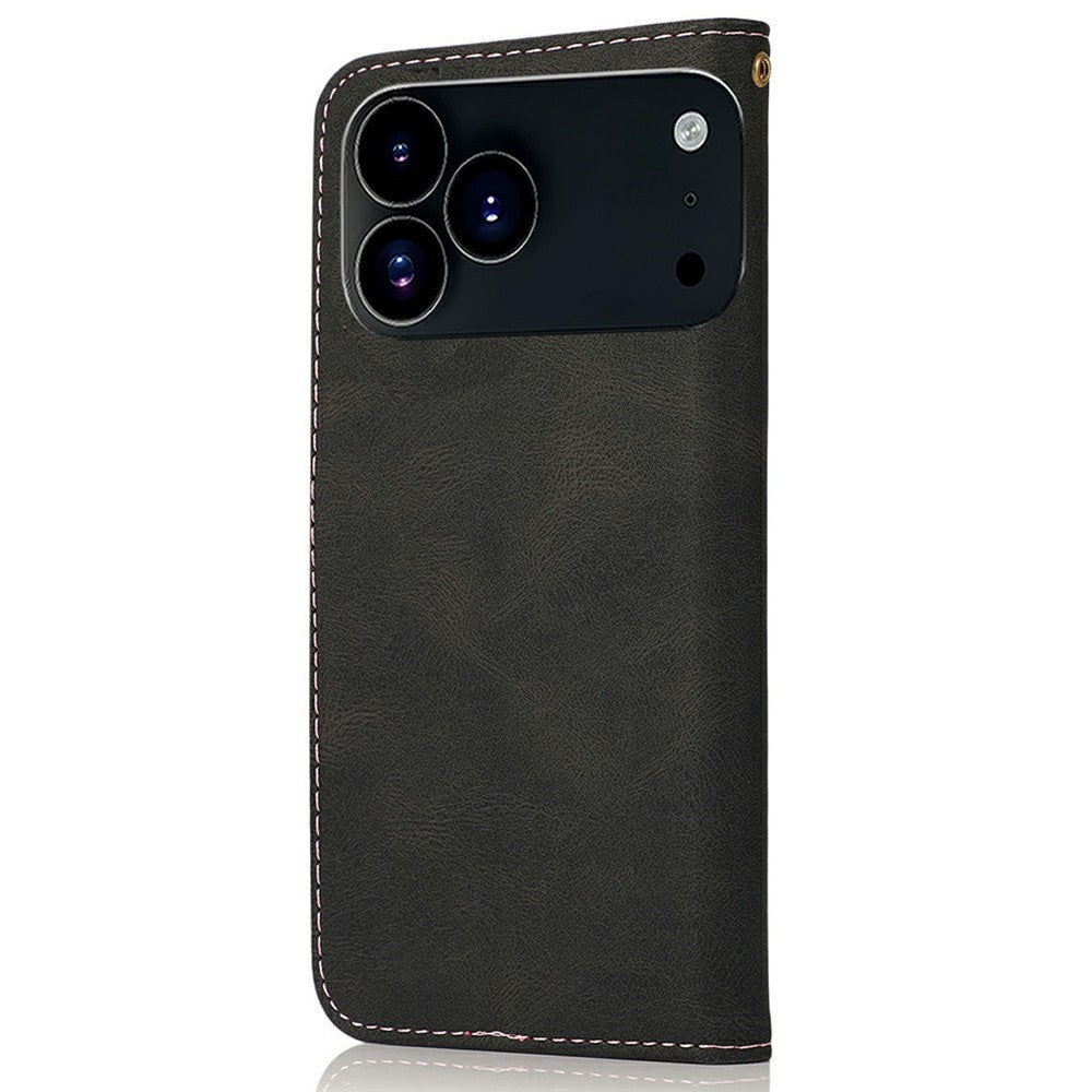 For iPhone 17 Pro Max Case Color Splicing Wallet Stand Leather Phone Cover with Wrist Strap - Black / Rose Gold