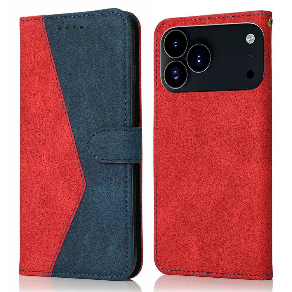 For iPhone 17 Pro Max Case Color Splicing Wallet Stand Leather Phone Cover with Wrist Strap - Red / Blue
