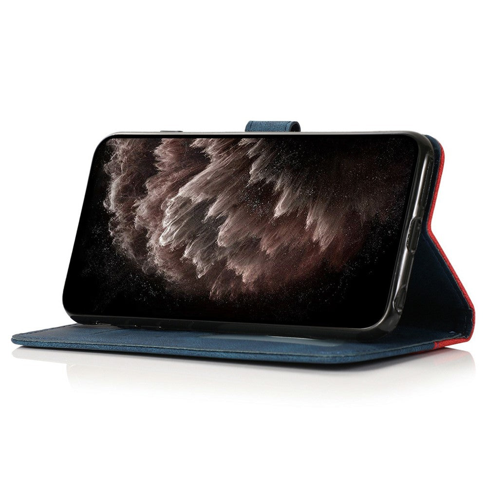 For iPhone 17 Pro Max Case Color Splicing Wallet Stand Leather Phone Cover with Wrist Strap - Red / Blue