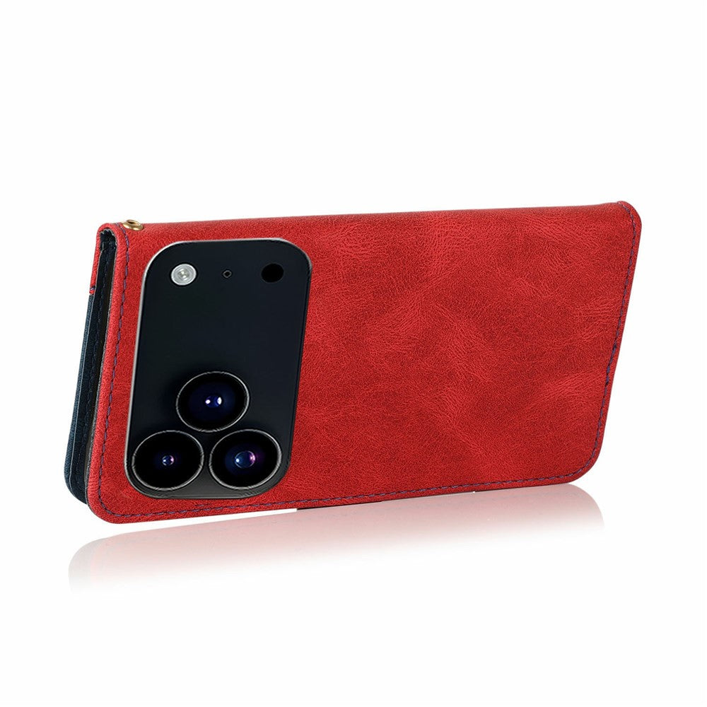 For iPhone 17 Pro Max Case Color Splicing Wallet Stand Leather Phone Cover with Wrist Strap - Red / Blue