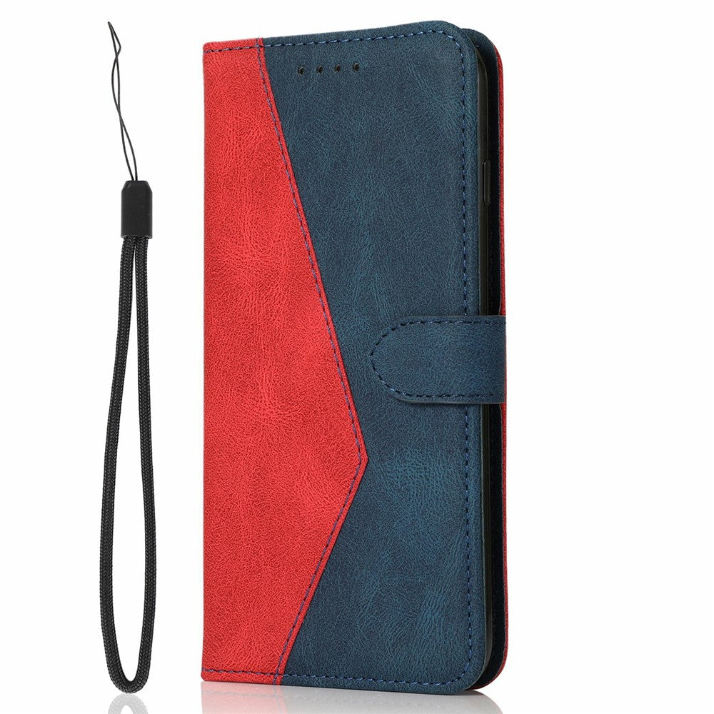 For iPhone 17 Pro Max Case Color Splicing Wallet Stand Leather Phone Cover with Wrist Strap - Red / Blue
