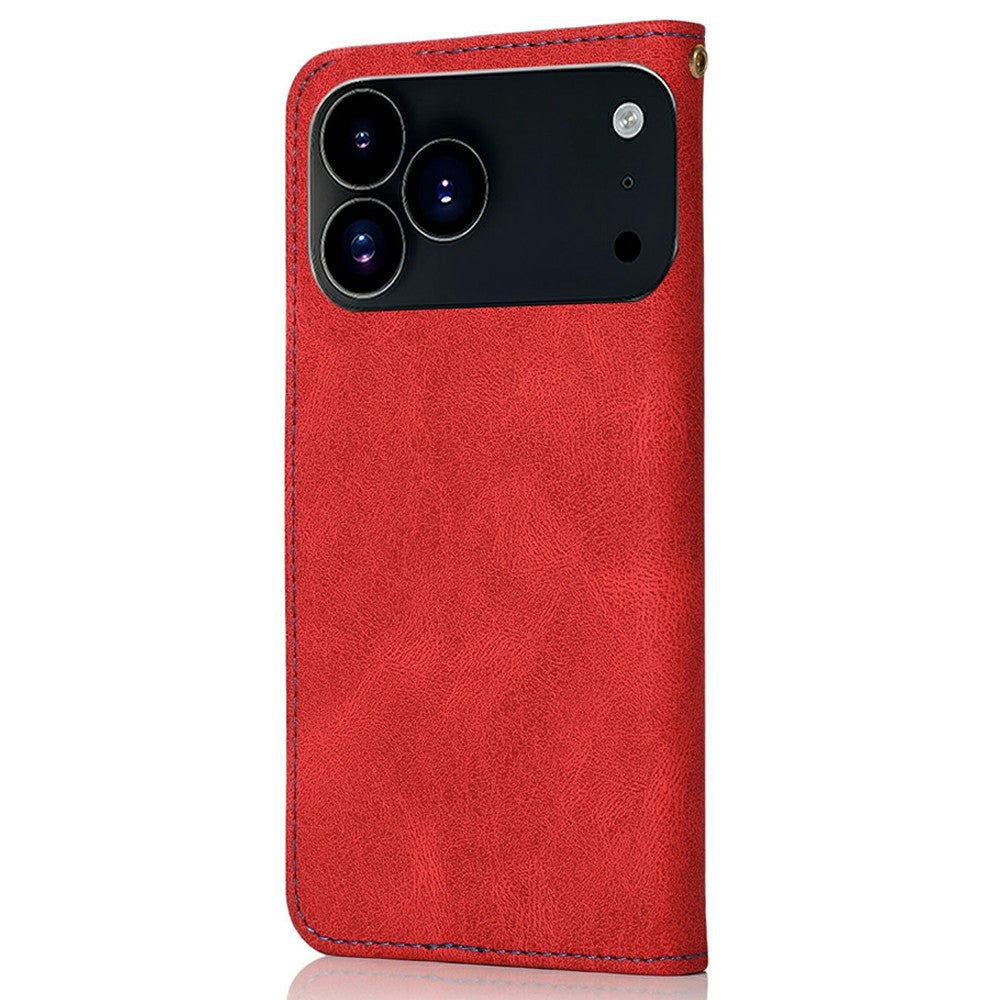 For iPhone 17 Pro Max Case Color Splicing Wallet Stand Leather Phone Cover with Wrist Strap - Red / Blue