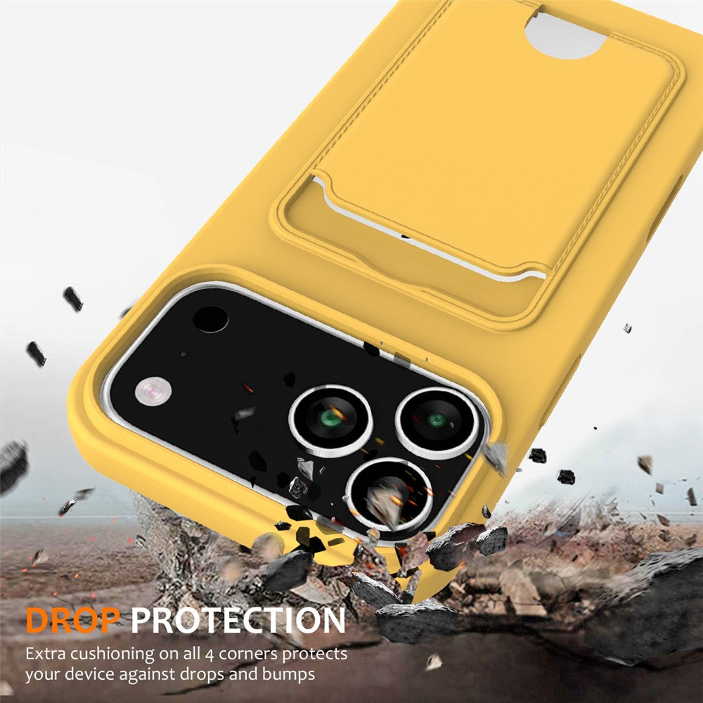 For iPhone 17 Pro Max Case Liquid Silicone Card Holder Back Phone Cover with Lanyard - Yellow