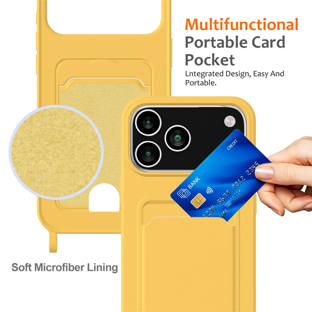 For iPhone 17 Pro Max Case Liquid Silicone Card Holder Back Phone Cover with Lanyard - Yellow
