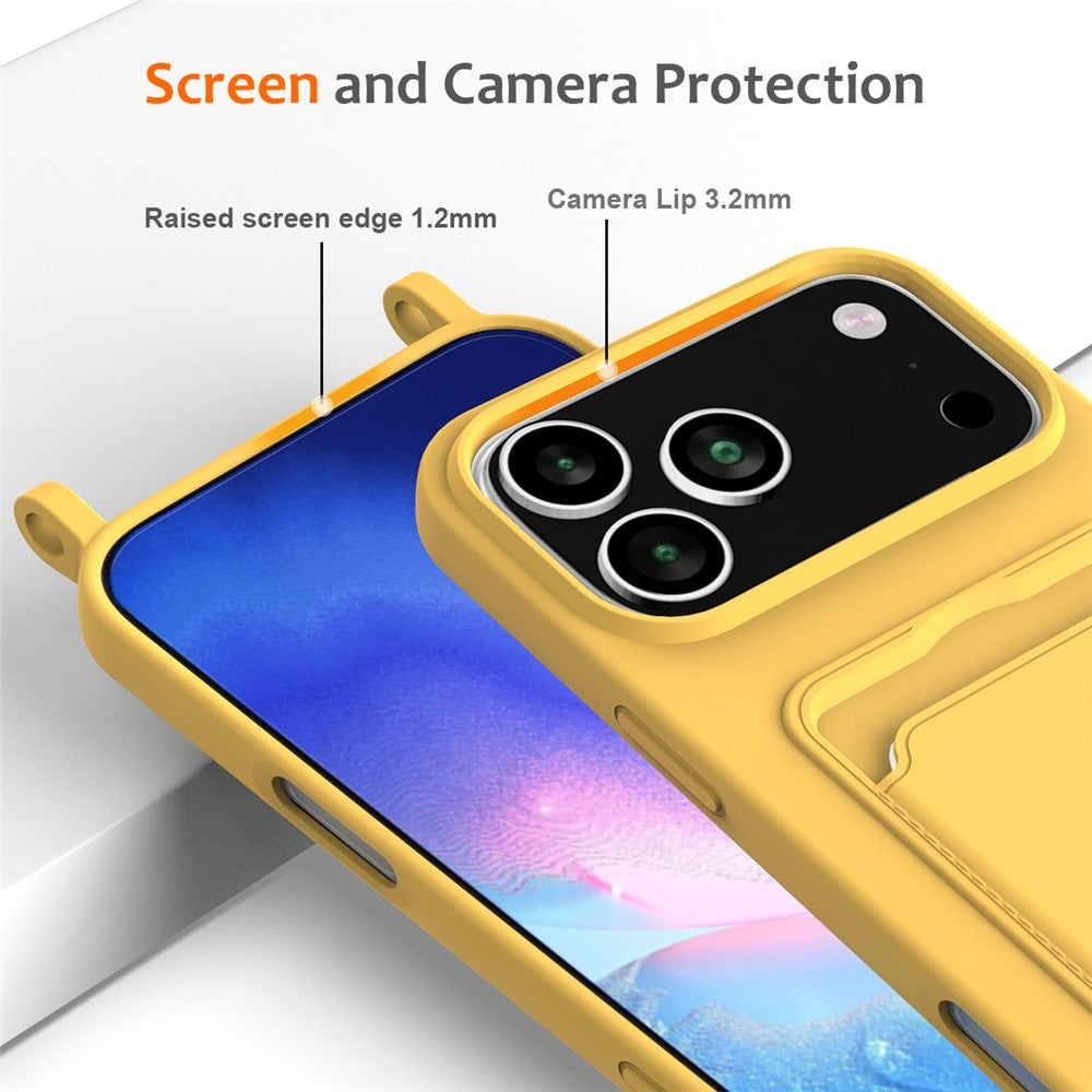 For iPhone 17 Pro Max Case Liquid Silicone Card Holder Back Phone Cover with Lanyard - Yellow