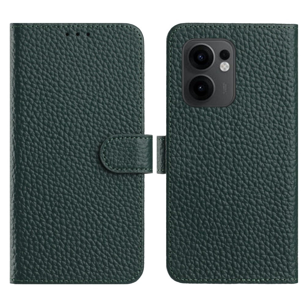 For Oppo Reno13 F 5G / 4G Case Wallet Stand Litchi Texture Genuine Cow Leather Flip Phone Cover - Green