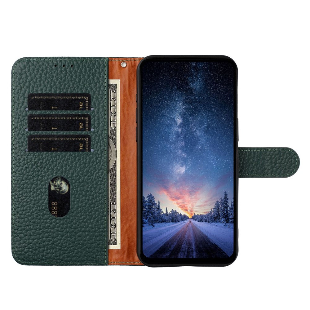 For Oppo Reno13 F 5G / 4G Case Wallet Stand Litchi Texture Genuine Cow Leather Flip Phone Cover - Green