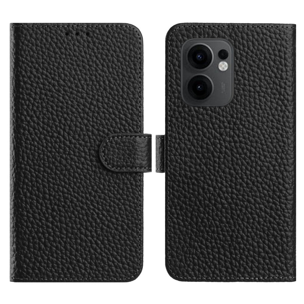 For Oppo Reno13 F 5G / 4G Case Wallet Stand Litchi Texture Genuine Cow Leather Flip Phone Cover - Black