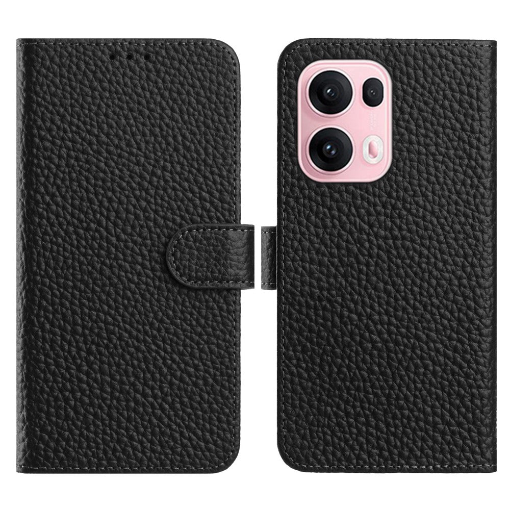 For Oppo Reno13 Pro 5G Case Wallet Stand Litchi Texture Genuine Cow Leather Flip Phone Cover - Black