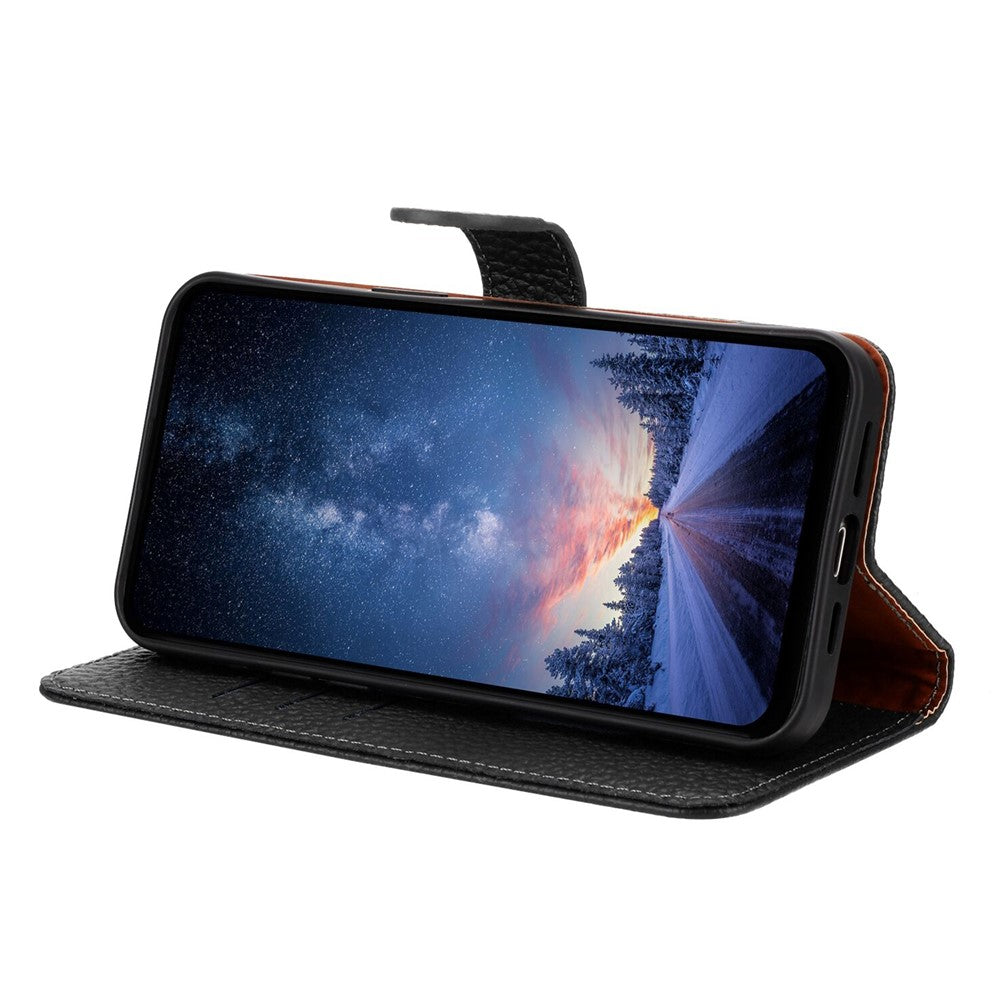 For Oppo Reno13 Pro 5G Case Wallet Stand Litchi Texture Genuine Cow Leather Flip Phone Cover - Black