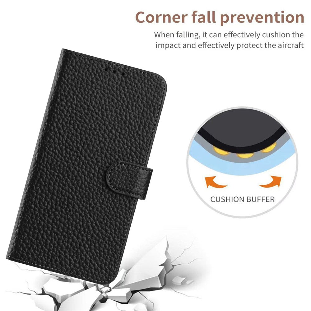 For Oppo Reno13 Pro 5G Case Wallet Stand Litchi Texture Genuine Cow Leather Flip Phone Cover - Black
