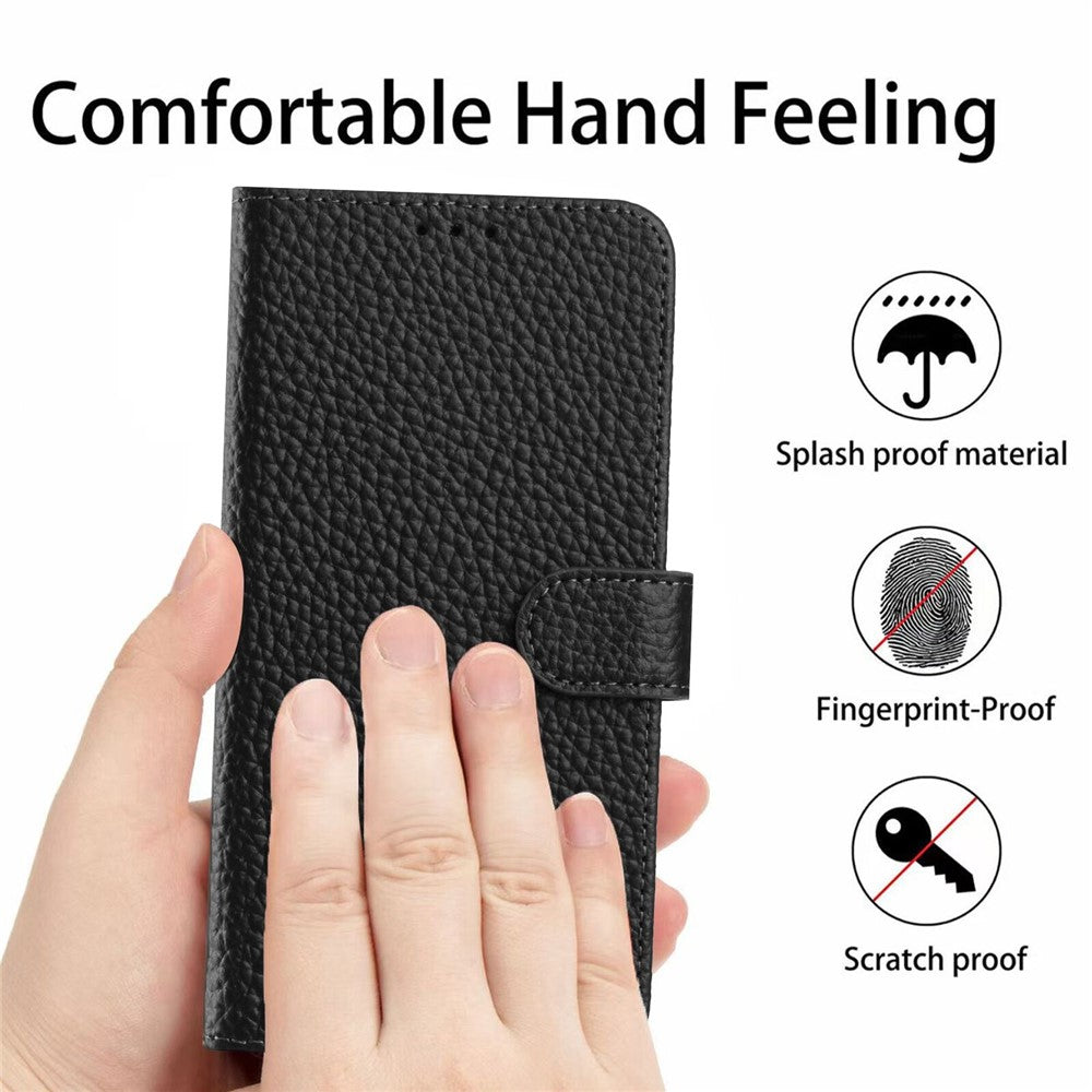 For Oppo Reno13 Pro 5G Case Wallet Stand Litchi Texture Genuine Cow Leather Flip Phone Cover - Black