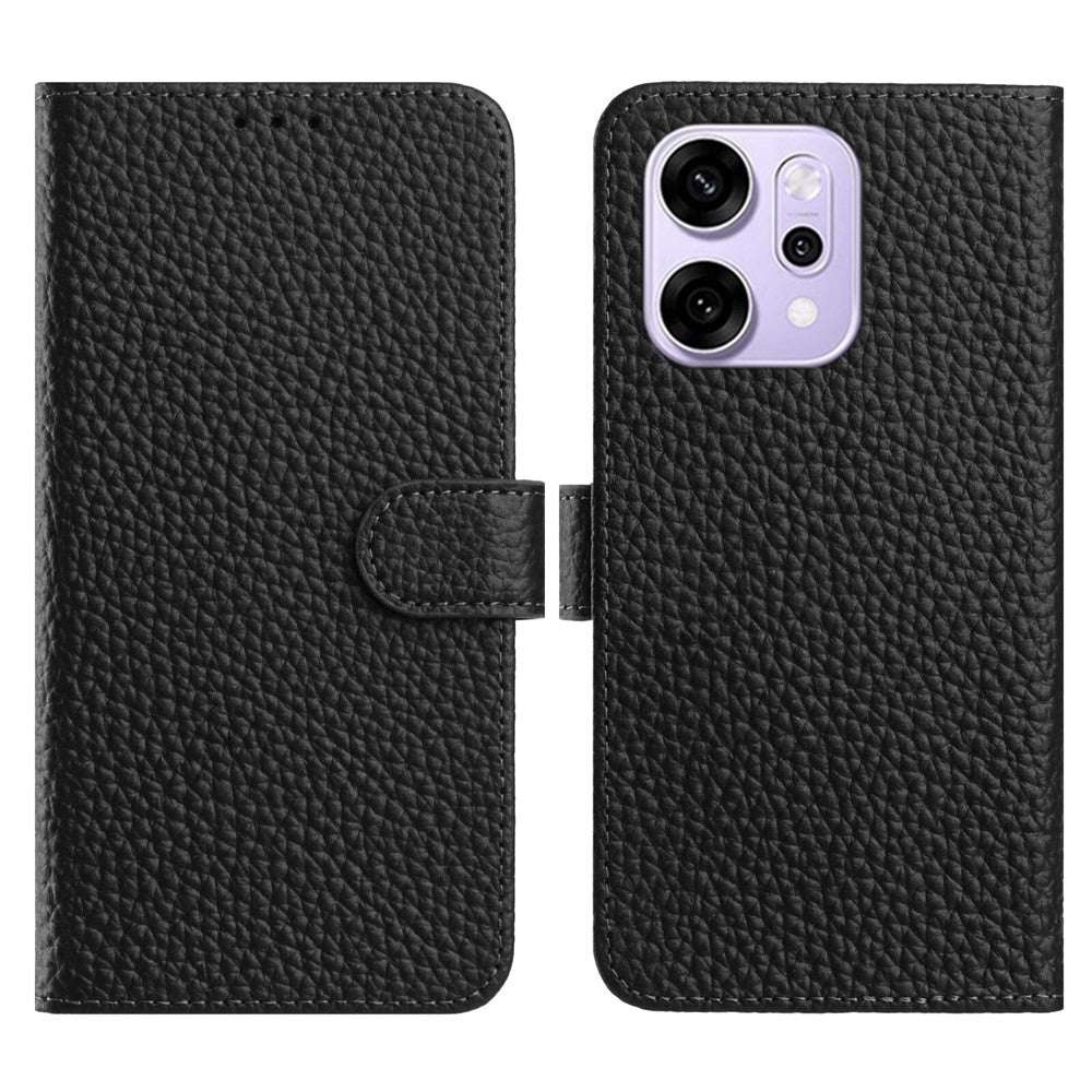 For Oppo Reno14 Pro 5G (Global) Case Wallet Stand Litchi Texture Genuine Cow Leather Flip Phone Cover - Black