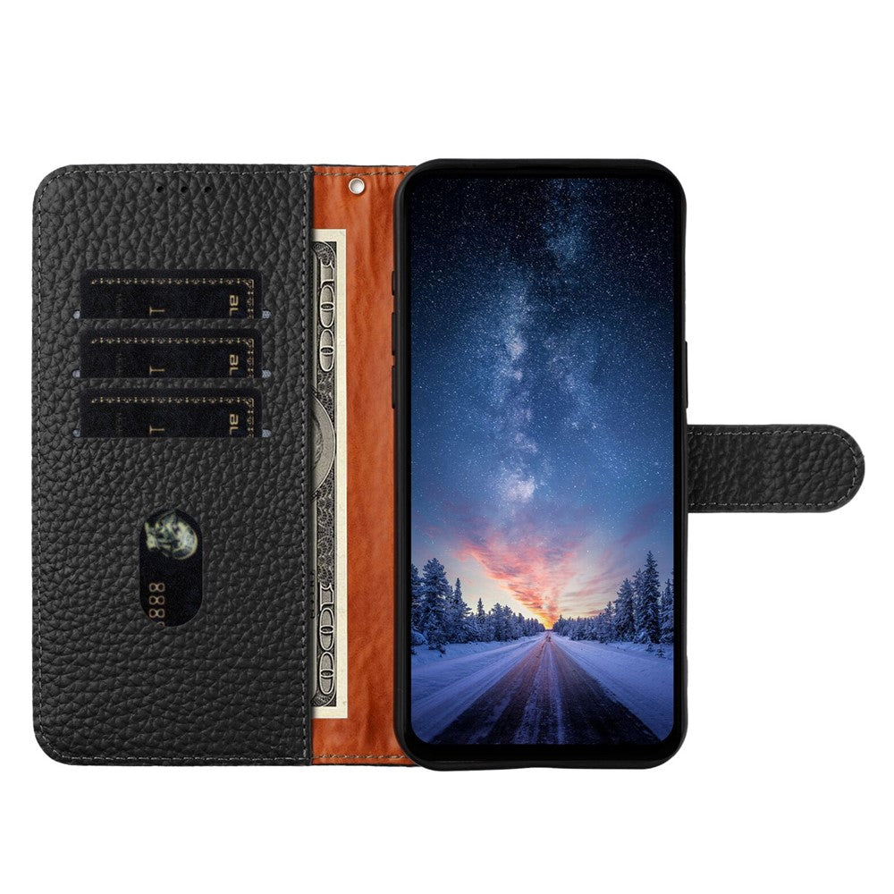 For Oppo Reno14 Pro 5G (Global) Case Wallet Stand Litchi Texture Genuine Cow Leather Flip Phone Cover - Black