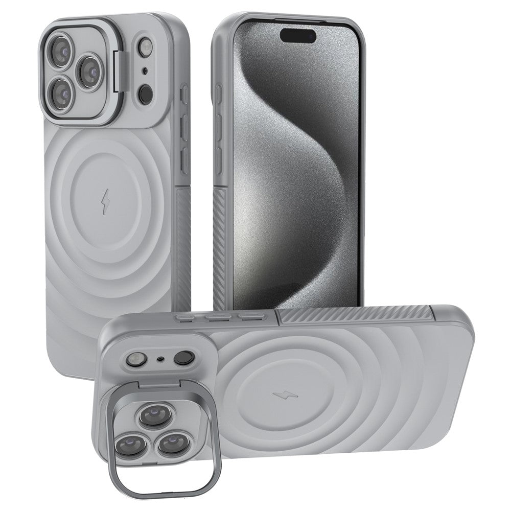 For iPhone 17 Pro Max Case Compatible with MagSafe PC Kickstand Ripple Texture TPU Phone Cover - Grey