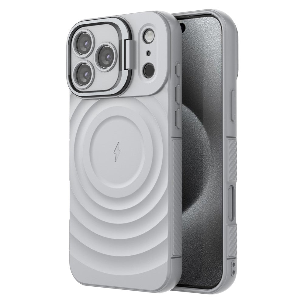 For iPhone 17 Pro Max Case Compatible with MagSafe PC Kickstand Ripple Texture TPU Phone Cover - Grey