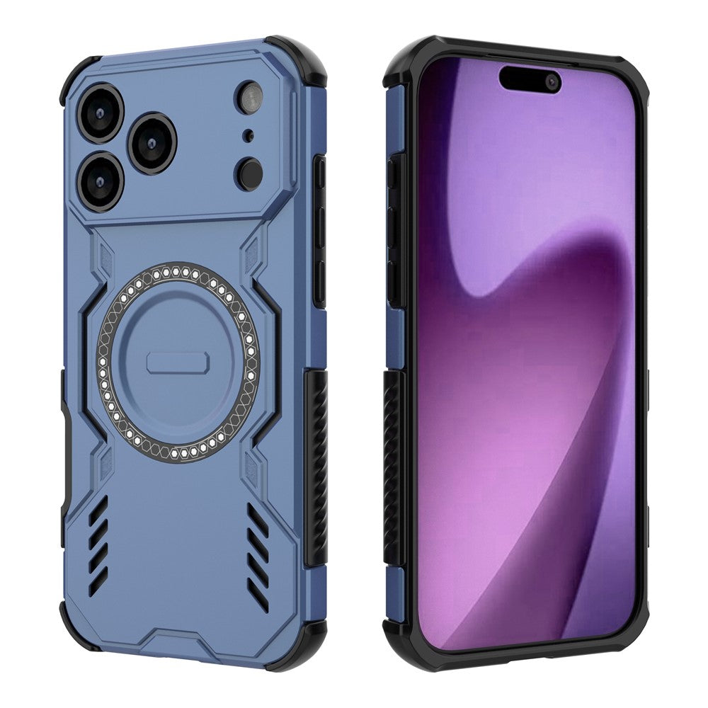 For iPhone 17 Pro Max Magnetic Case Butterfly Armor Hollow Heat Dissipation PC + TPU Phone Cover - Blue