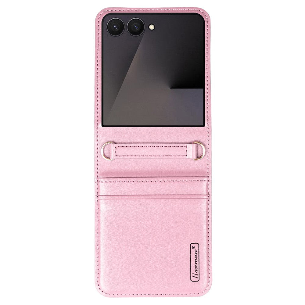 HANMAN Mill Series for Samsung Galaxy Z Flip7 5G Case Card Slots PU Leather Phone Cover - Pink