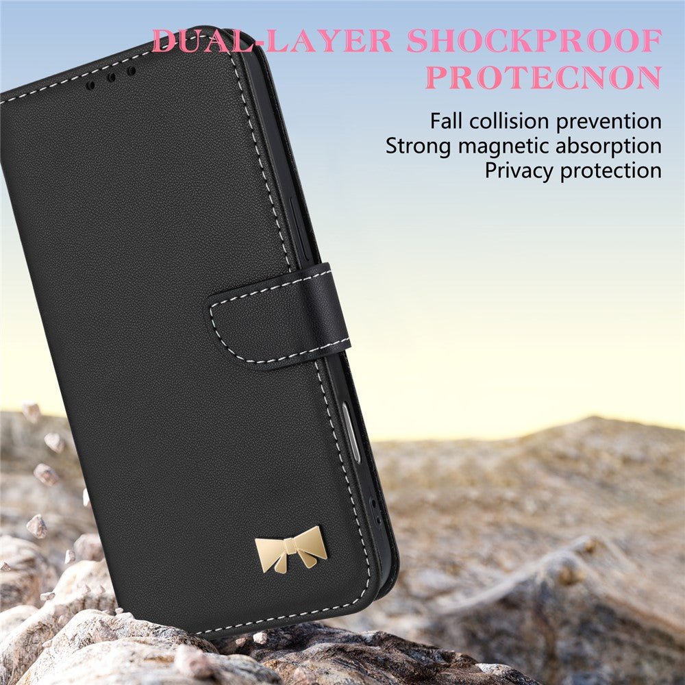 For iPhone 17 Pro Max Case Bowknot Decor Wallet Leather Phone Cover with Wrist Strap - Black