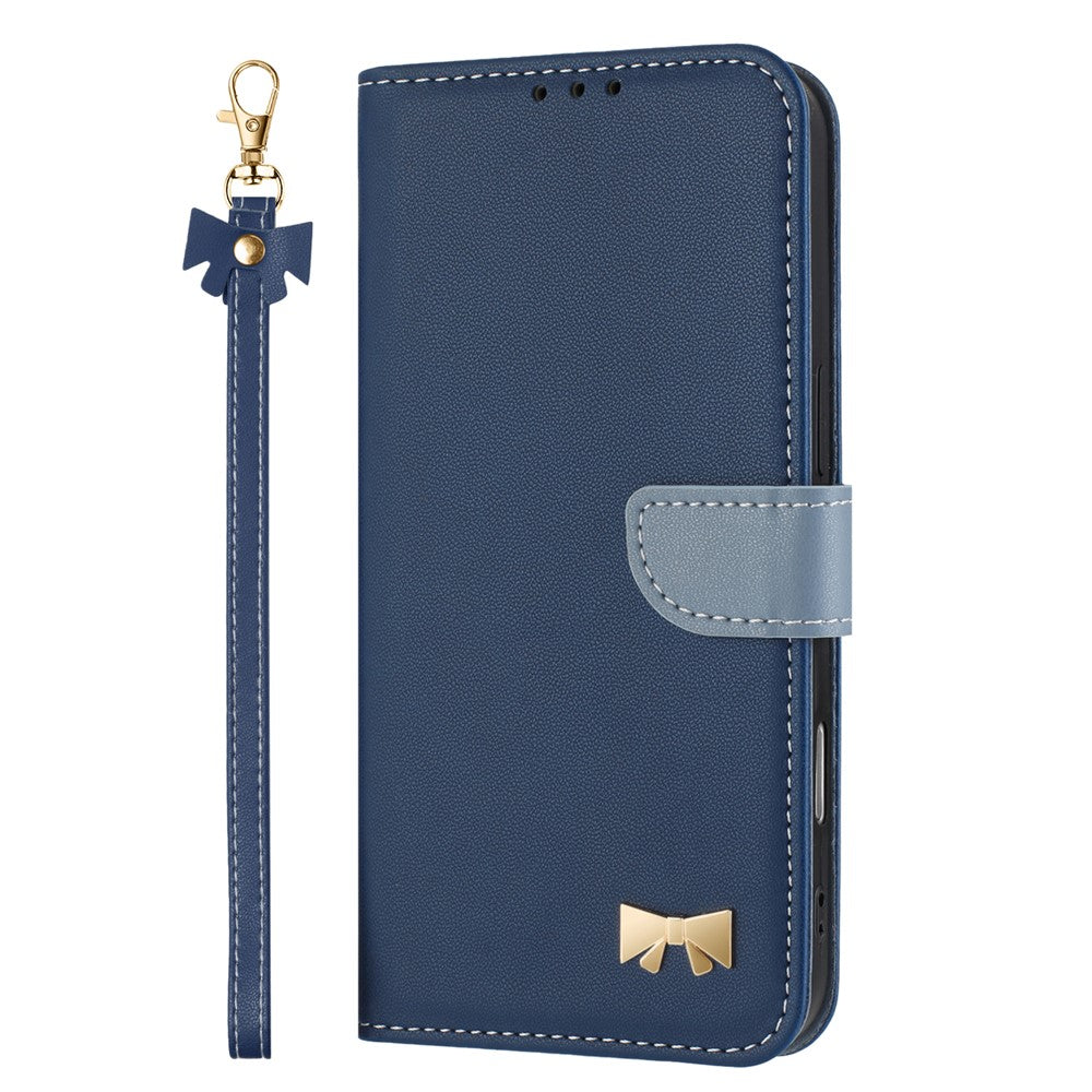 For iPhone 17 Pro Max Case Bowknot Decor Wallet Leather Phone Cover with Wrist Strap - Dark Blue