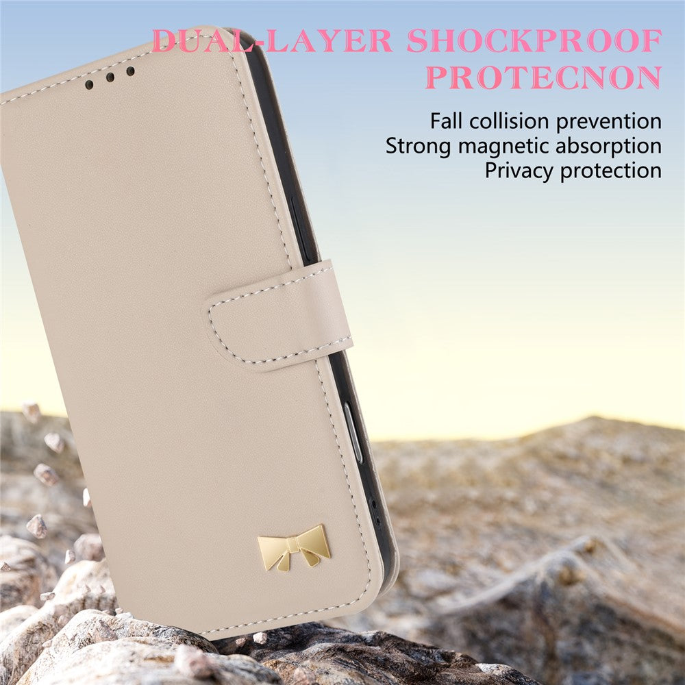 For iPhone 17 Pro Max Case Bowknot Decor Wallet Leather Phone Cover with Wrist Strap - Khaki