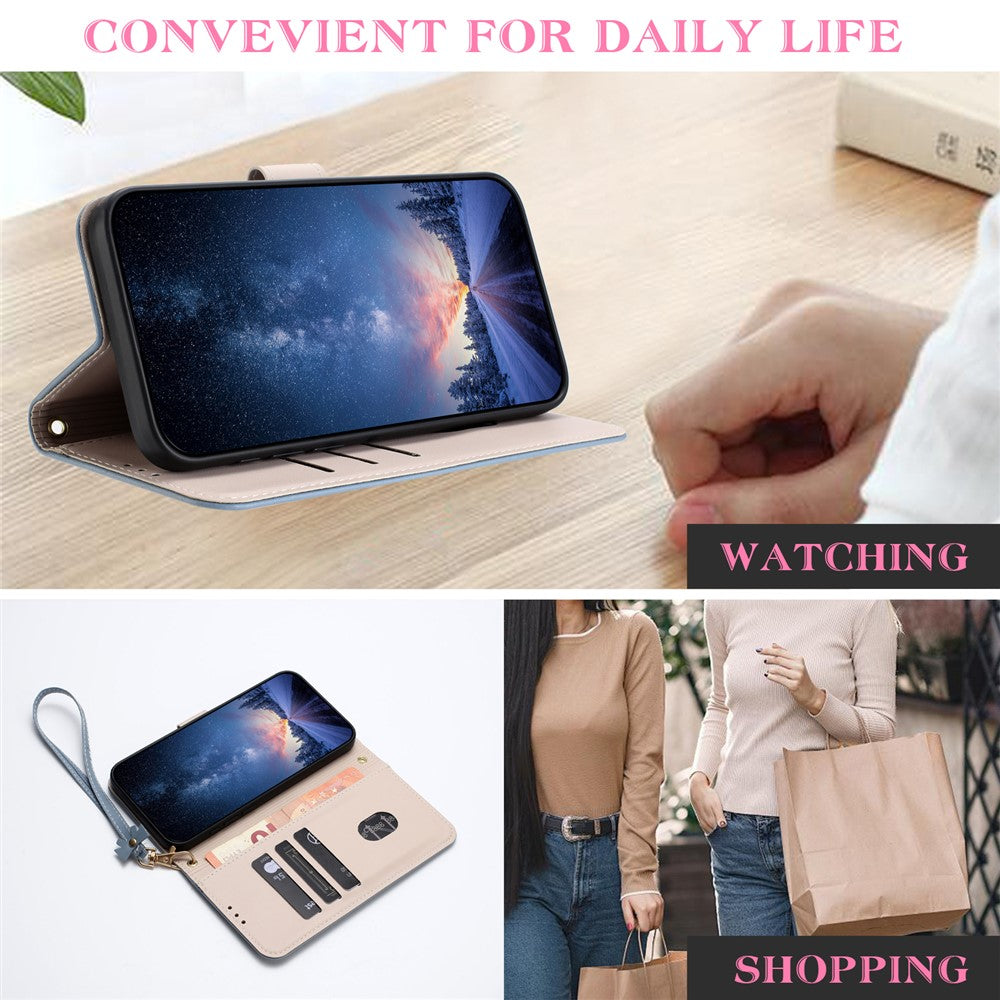 For iPhone 17 Pro Max Case Bowknot Decor Wallet Leather Phone Cover with Wrist Strap - Baby Blue
