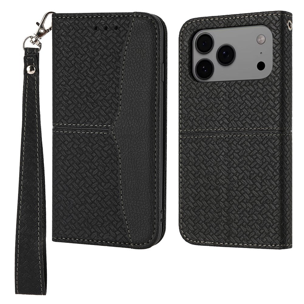 For iPhone 17 Pro Max Case Woven Texture PU Leather Wallet Phone Cover with Wrist Strap - Black