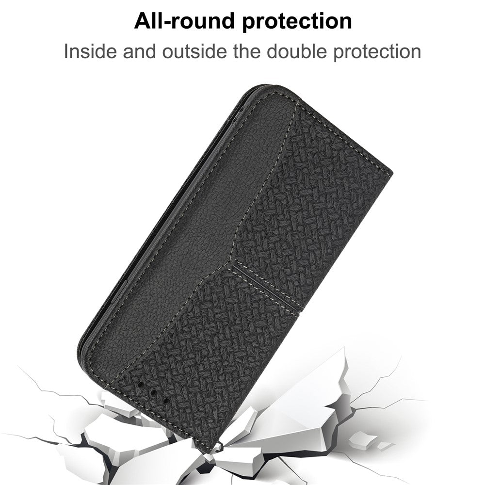 For iPhone 17 Pro Max Case Woven Texture PU Leather Wallet Phone Cover with Wrist Strap - Black