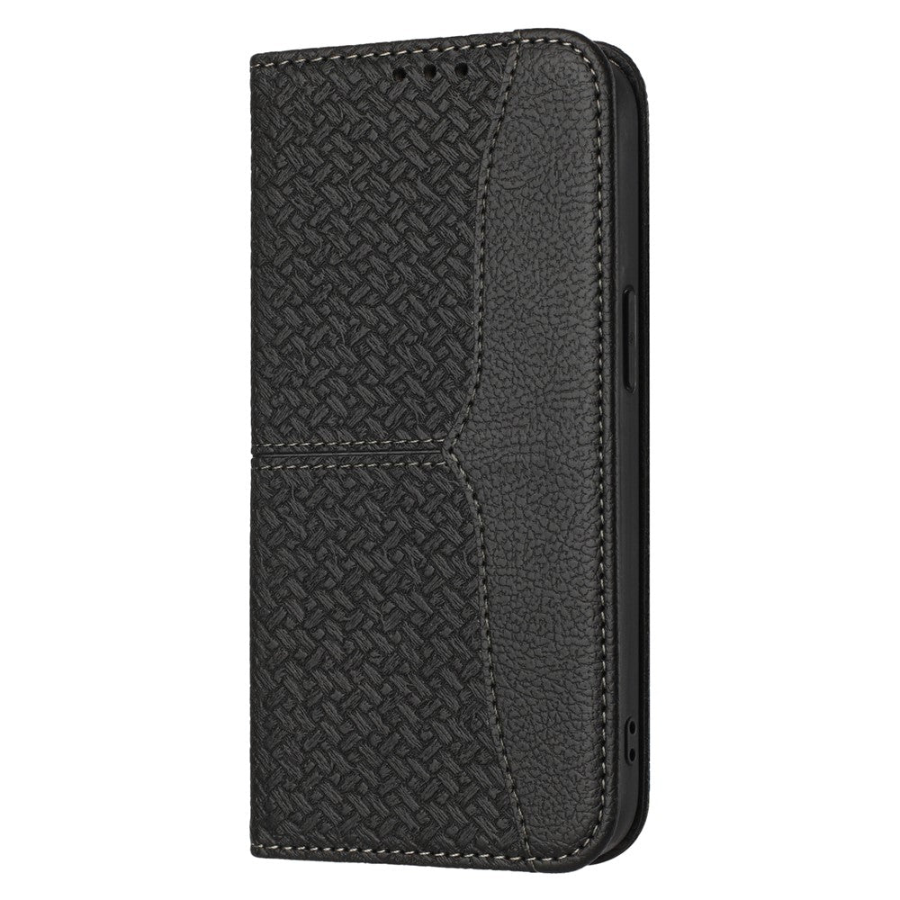 For iPhone 17 Pro Max Case Woven Texture PU Leather Wallet Phone Cover with Wrist Strap - Black