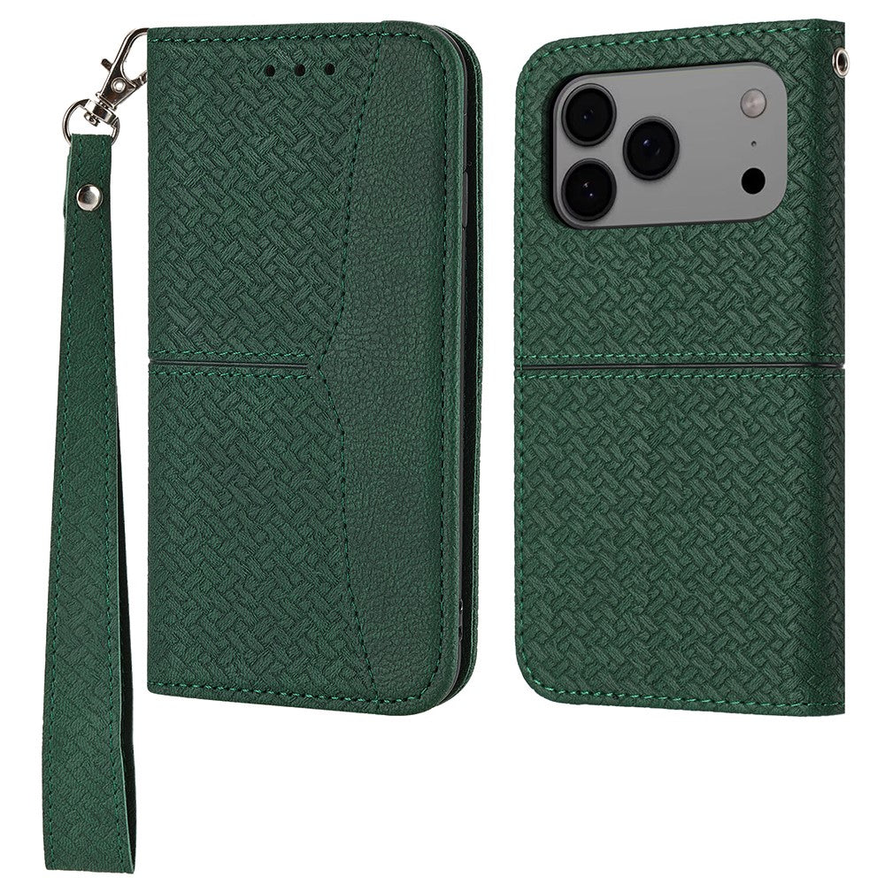 For iPhone 17 Pro Max Case Woven Texture PU Leather Wallet Phone Cover with Wrist Strap - Green