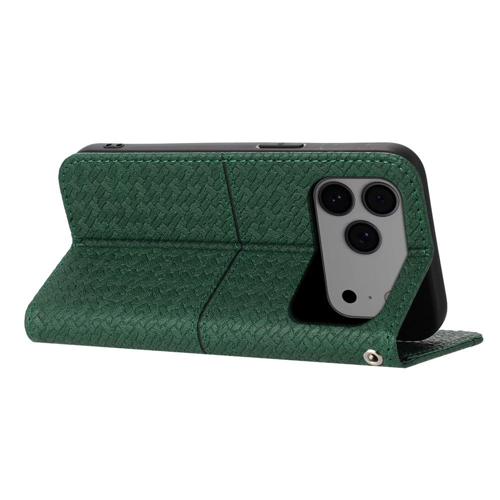 For iPhone 17 Pro Max Case Woven Texture PU Leather Wallet Phone Cover with Wrist Strap - Green