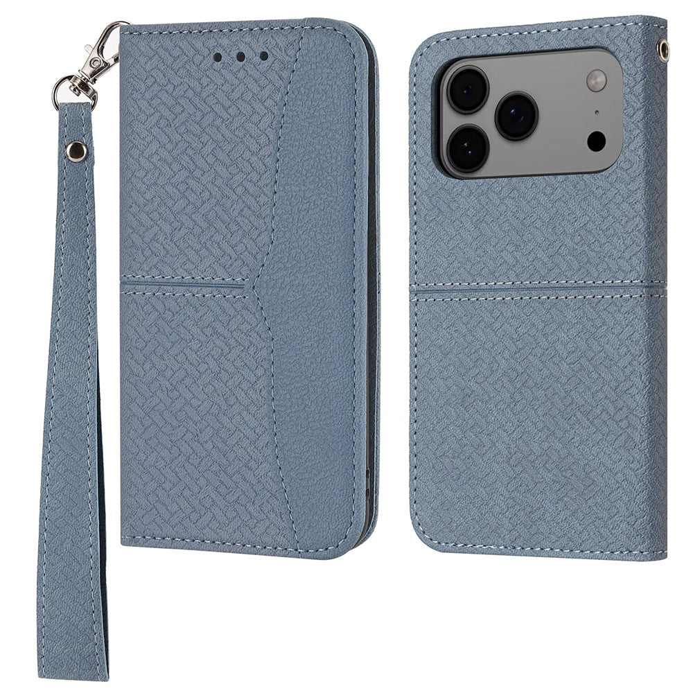 For iPhone 17 Pro Max Case Woven Texture PU Leather Wallet Phone Cover with Wrist Strap - Grey