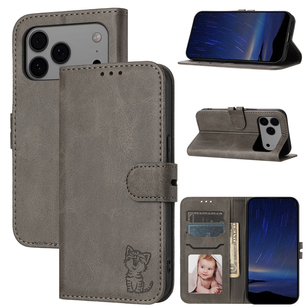 For iPhone 17 Pro Max Case Happy Cat Pattern Imprinted Leather Wallet Phone Cover - Grey