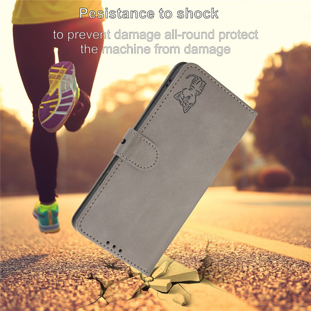 For iPhone 17 Pro Max Case Happy Cat Pattern Imprinted Leather Wallet Phone Cover - Grey