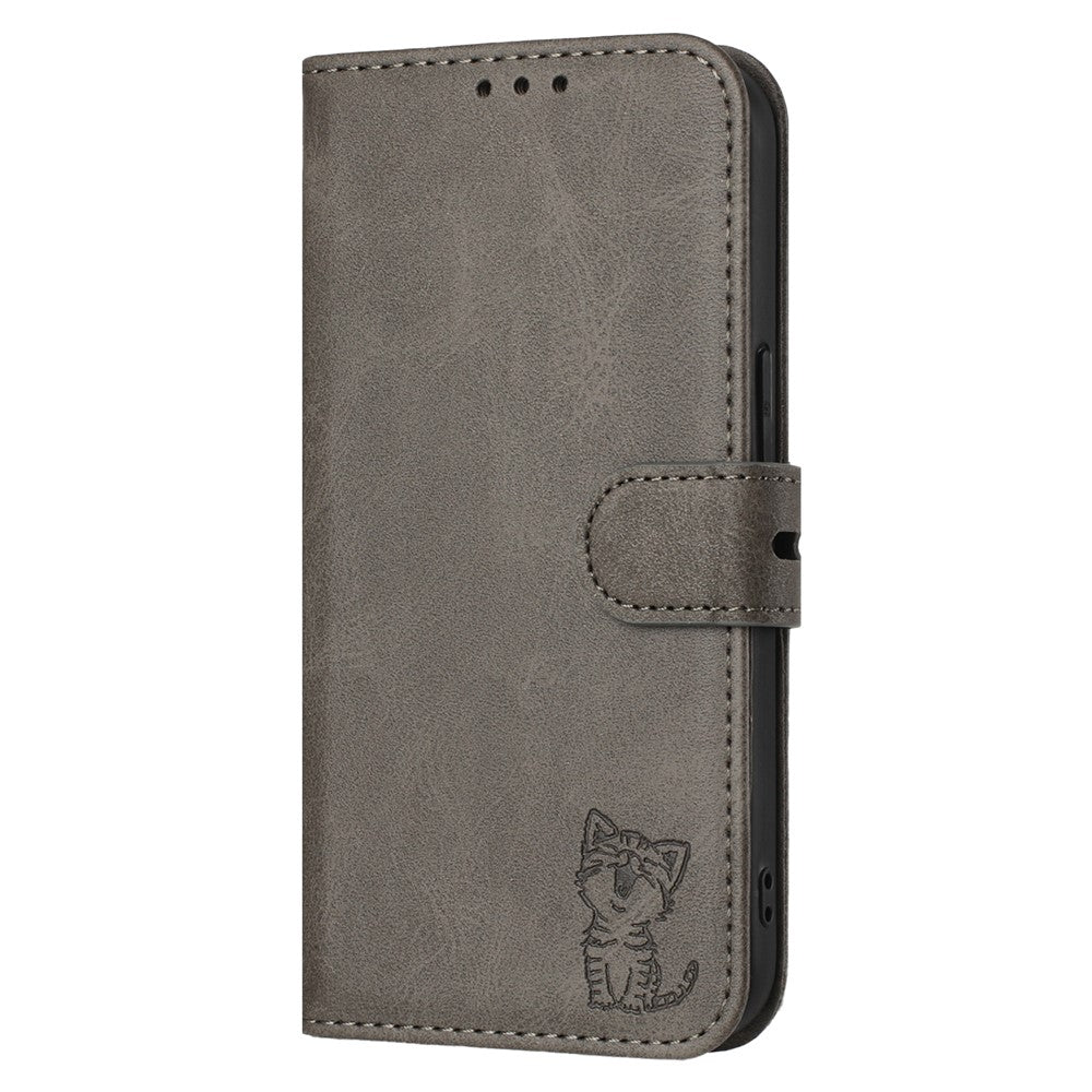 For iPhone 17 Pro Max Case Happy Cat Pattern Imprinted Leather Wallet Phone Cover - Grey