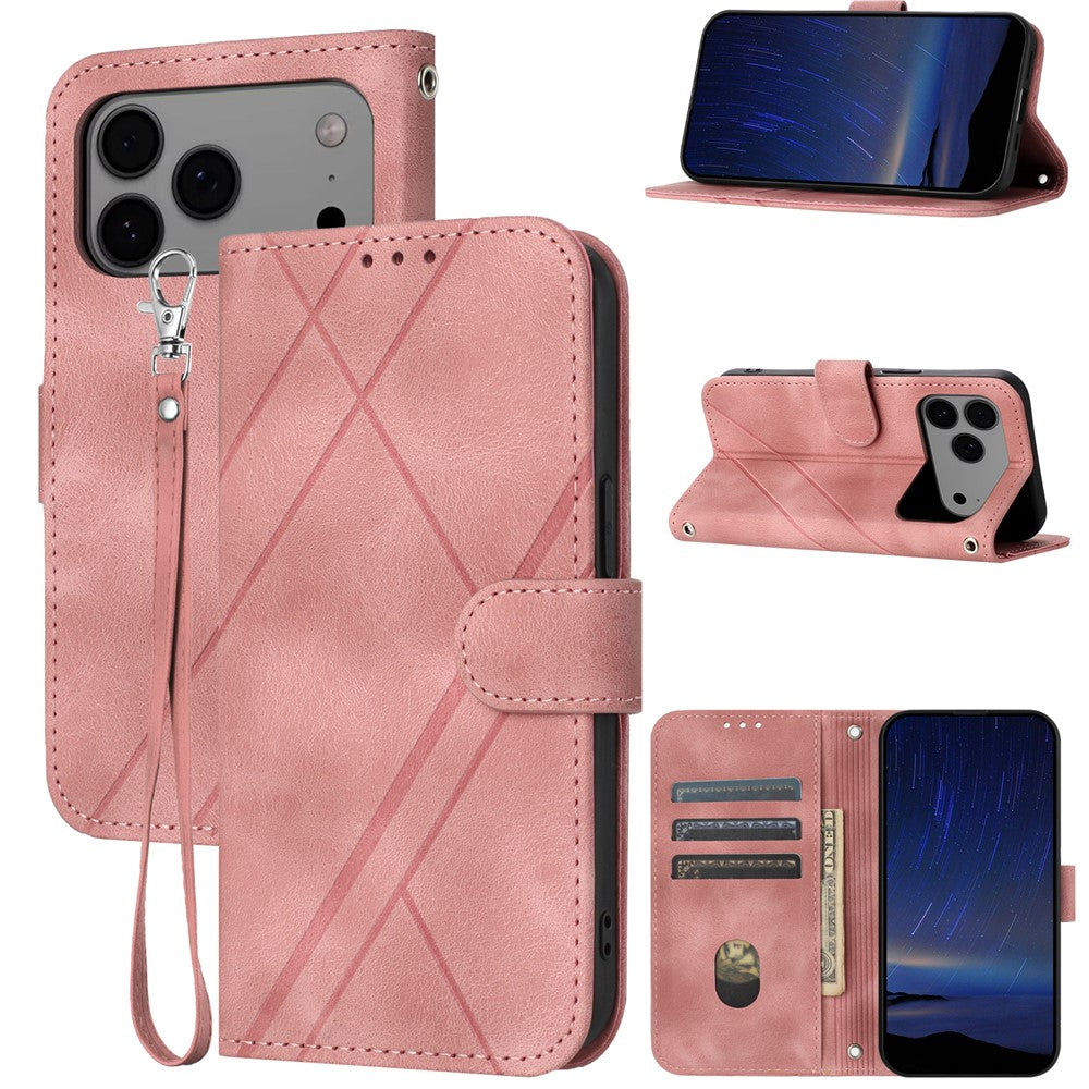 For iPhone 17 Pro Max Case Imprinted Line Leather Phone Cover with Handy Strap - Pink