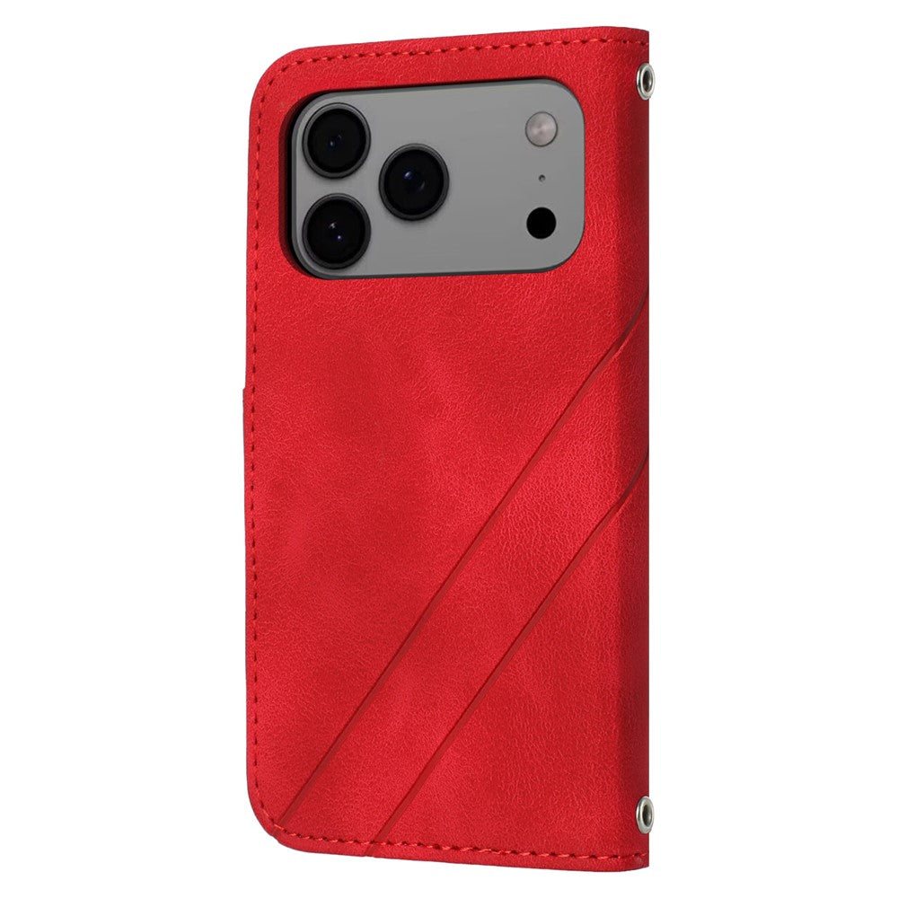 For iPhone 17 Pro Max Case Imprinted Line Leather Phone Cover with Handy Strap - Red