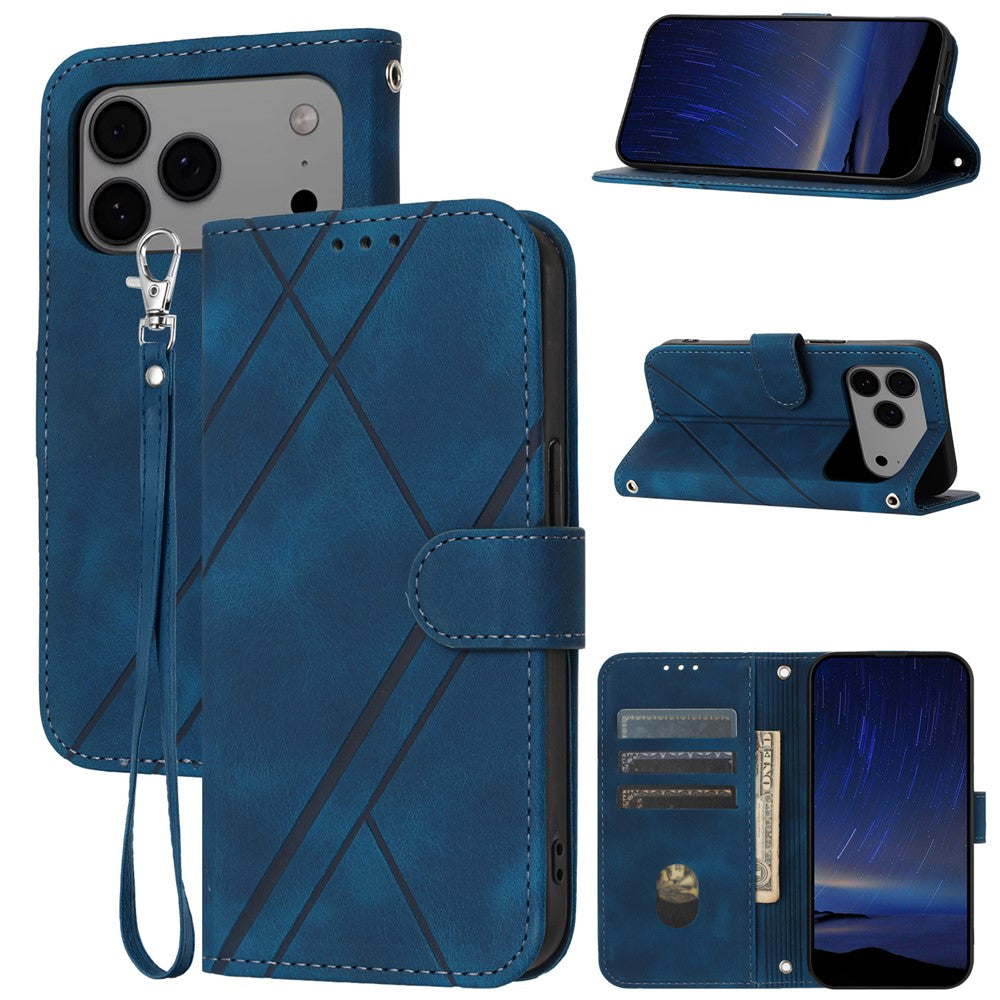 For iPhone 17 Pro Max Case Imprinted Line Leather Phone Cover with Handy Strap - Blue
