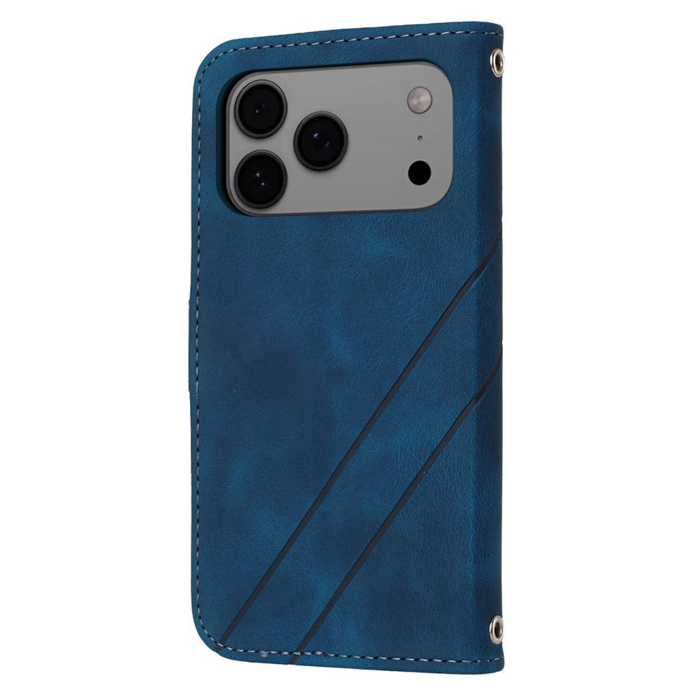 For iPhone 17 Pro Max Case Imprinted Line Leather Phone Cover with Handy Strap - Blue