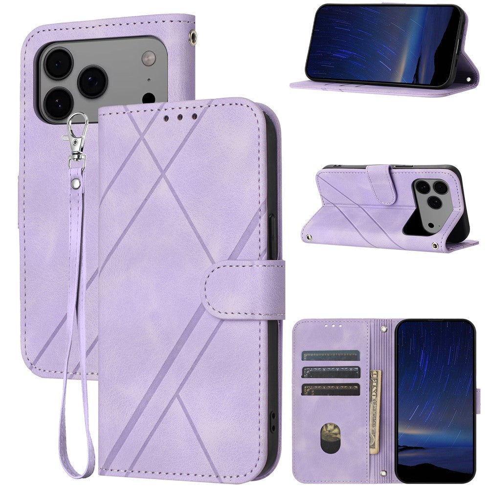 For iPhone 17 Pro Max Case Imprinted Line Leather Phone Cover with Handy Strap - Purple