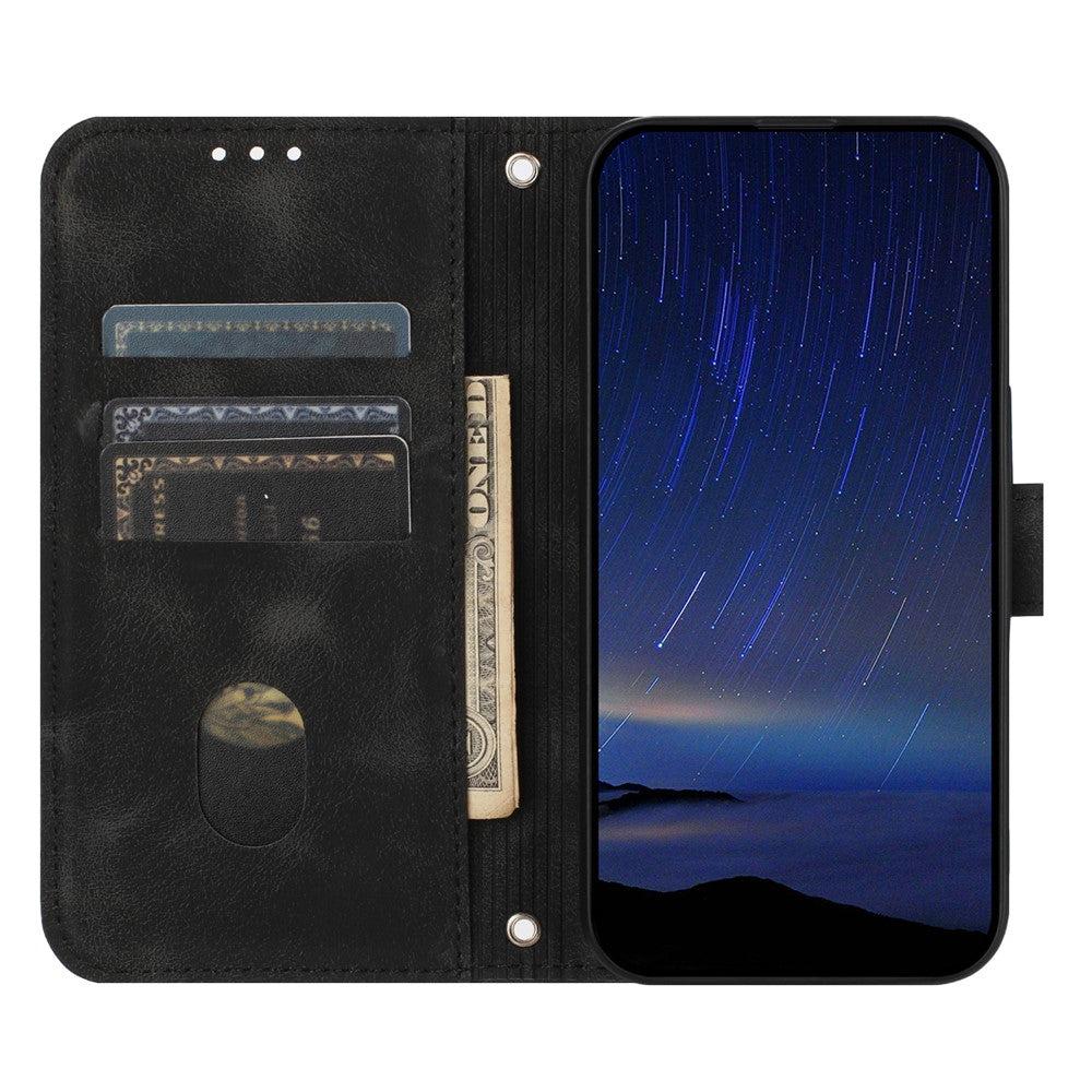 For iPhone 17 Pro Max Case Imprinted Line Leather Phone Cover with Handy Strap - Black