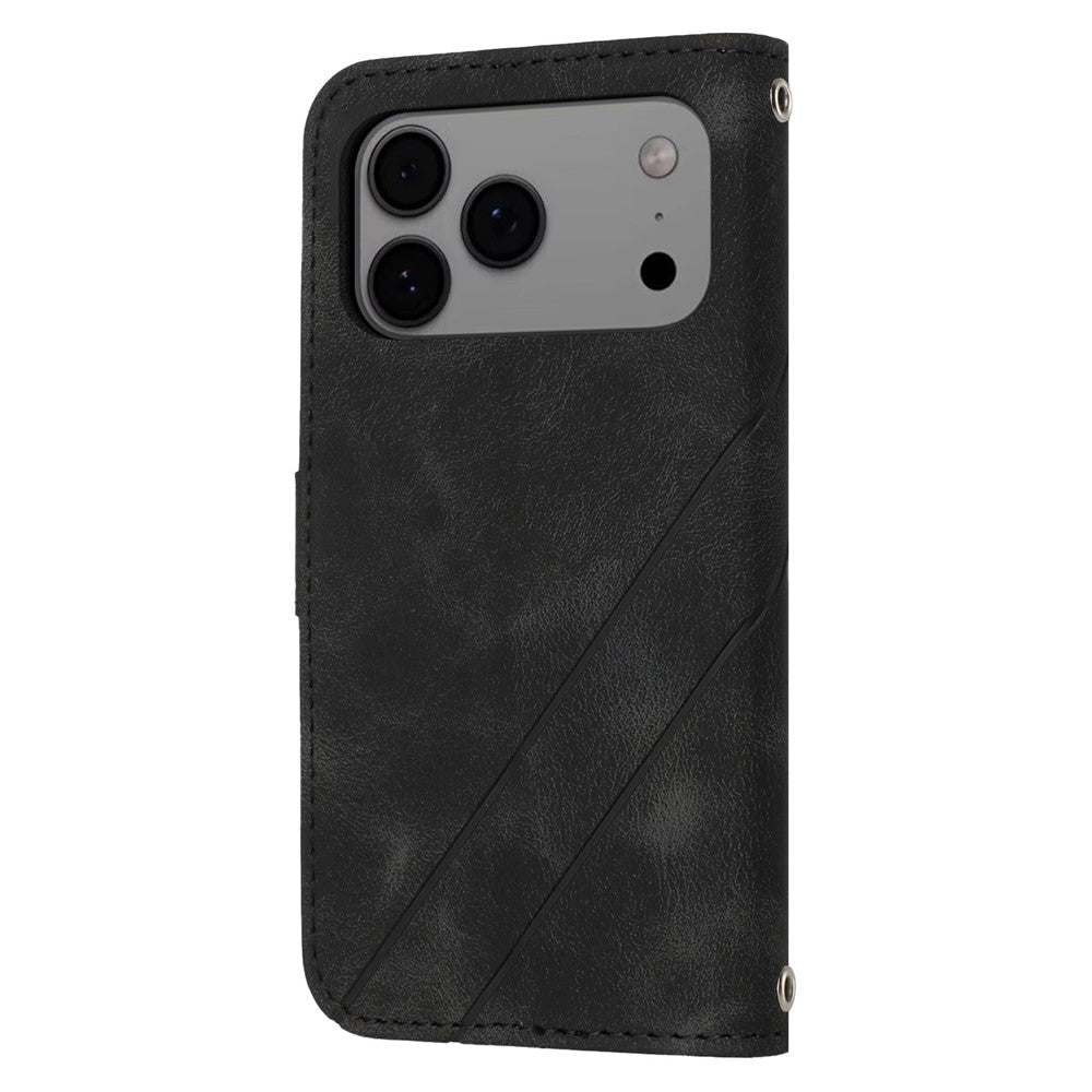 For iPhone 17 Pro Max Case Imprinted Line Leather Phone Cover with Handy Strap - Black