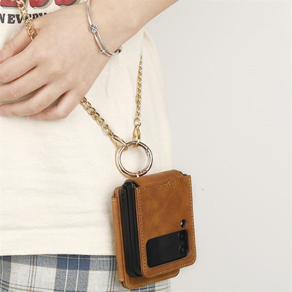For Samsung Galaxy Z Flip7 5G Case Card Holder Ring Holder Kickstand PU + PC Phone Cover with Chain - Red