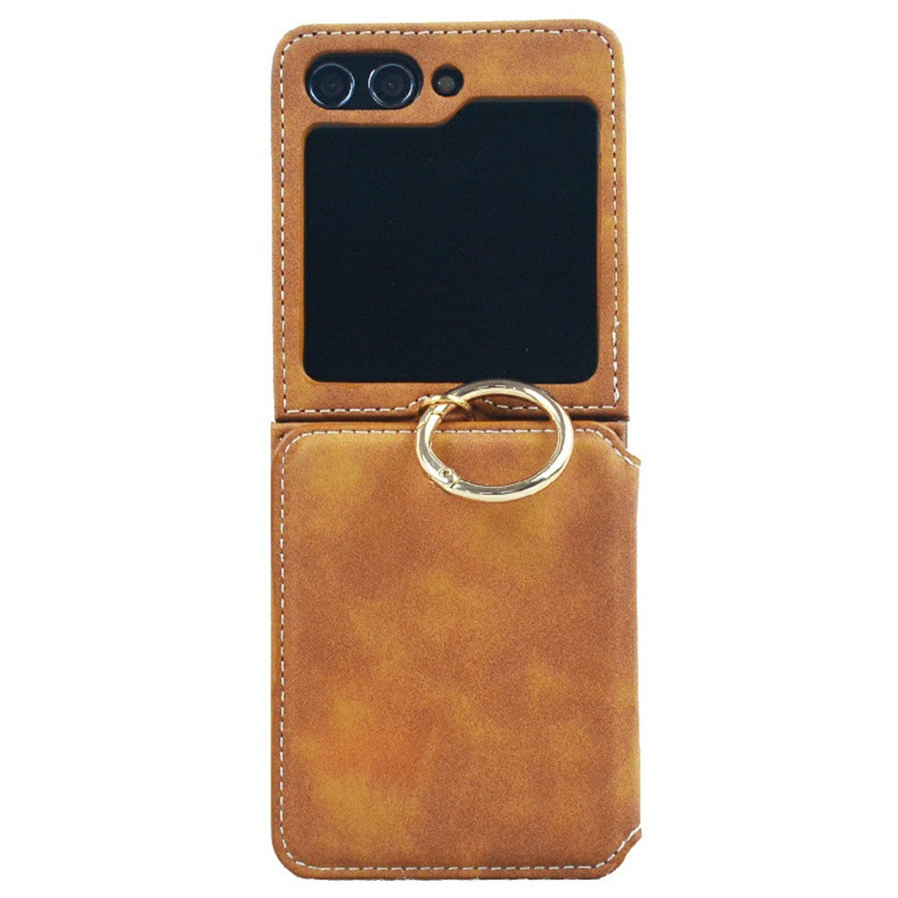 For Samsung Galaxy Z Flip7 5G Case Card Holder Ring Holder Kickstand PU + PC Phone Cover with Chain - Light Brown