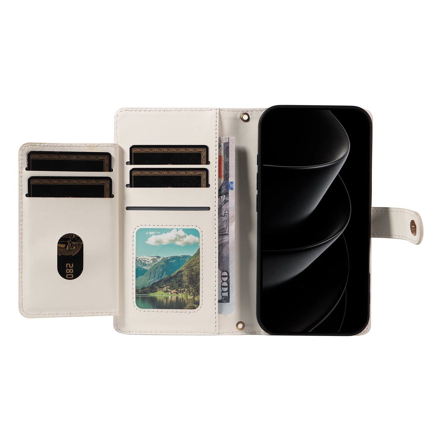 For iPhone 17 Pro Max Wallet Case with Straps, Rhombus Leather Stand Phone Cover - White