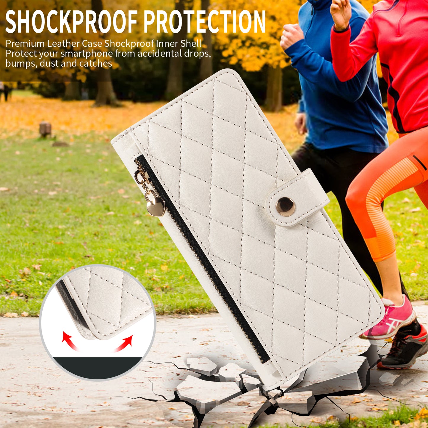 For iPhone 17 Pro Max Wallet Case with Straps, Rhombus Leather Stand Phone Cover - White