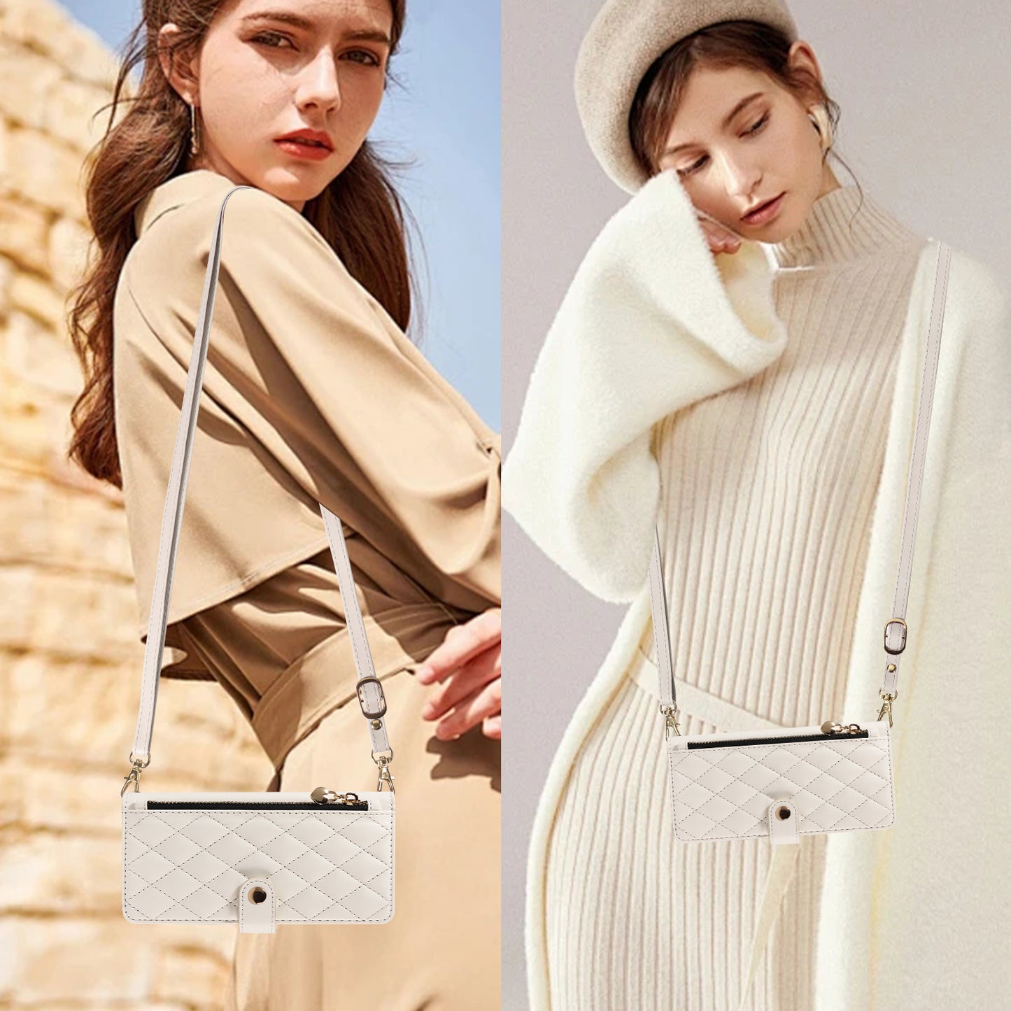 For iPhone 17 Pro Max Wallet Case with Straps, Rhombus Leather Stand Phone Cover - White