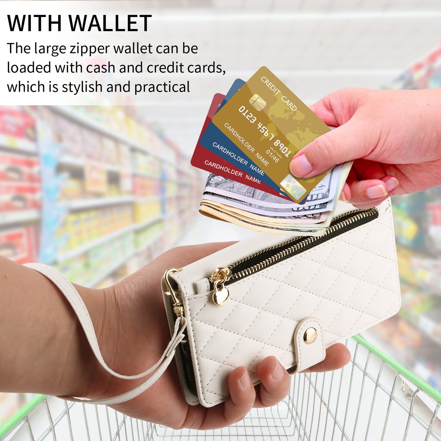 For iPhone 17 Pro Max Wallet Case with Straps, Rhombus Leather Stand Phone Cover - White